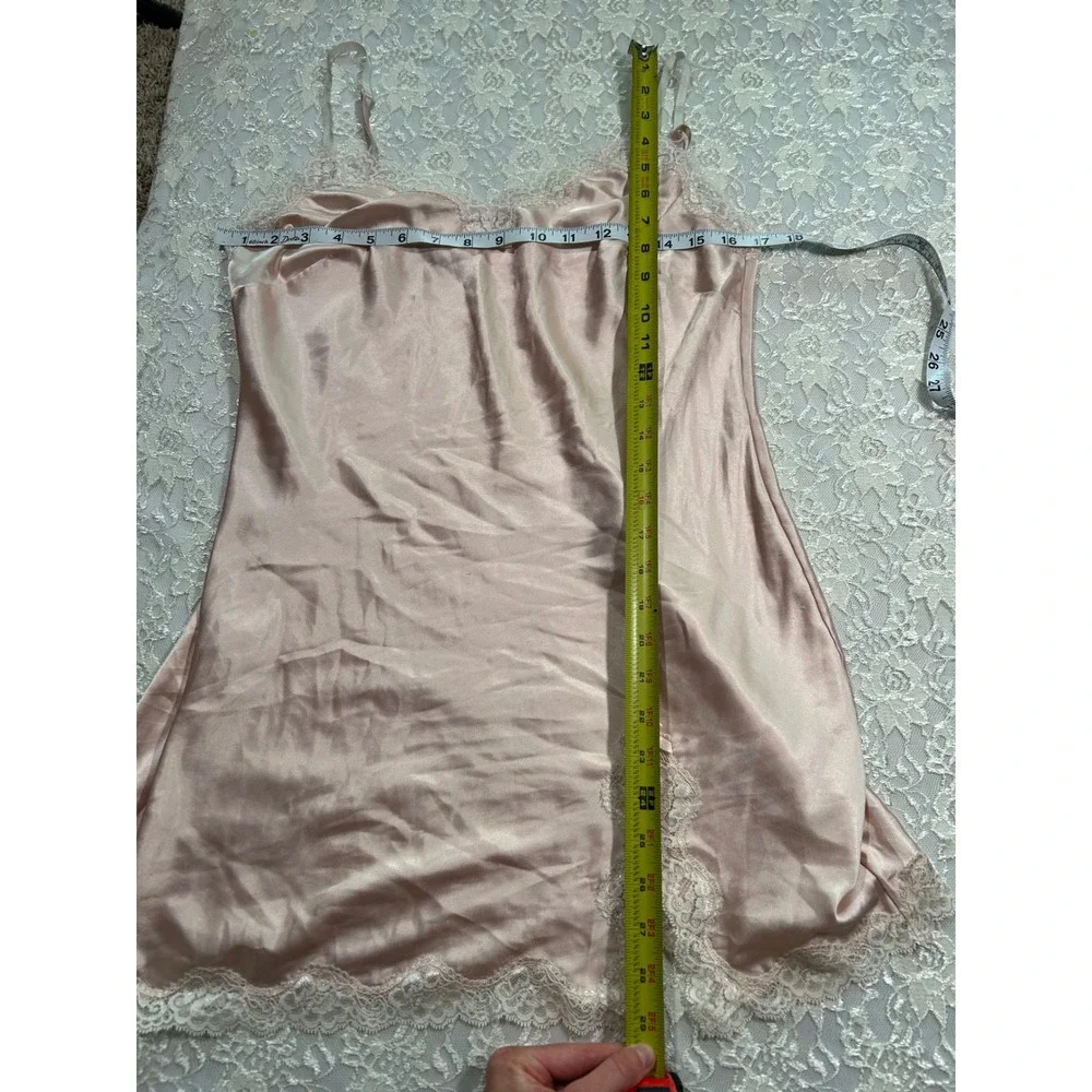 Victorias Secret Satin Lace Trim Slip Dress Pink Mini Chemise M Coquette Bridal